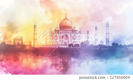 Vibrant Watercolor Taj Mahal Sunset Reflection Agra India Architectural Landmark 127850004
