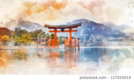 Floating Itsukushima Shrine Torii Gate at Miyajima Japan Watercolor Painting Landscape Floating Itsukushima Shrine Torii Gate at Miyajima Japan Watercolor Painting Landscape 127850018