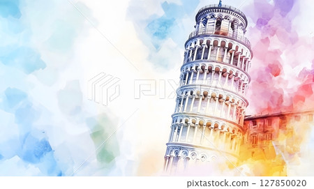 Leaning Tower of Pisa Artistic Watercolor Architectural Landmark Colorful Sky 127850020