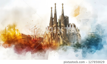 Sagrada Familia Barcelona Watercolor Cityscape Architectural Landmark Artistic Skyline Sagrada Familia Barcelona Watercolor Cityscape Architectural Landmark Artistic Skyline 127850029