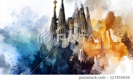 Sagrada Familia Watercolor Architectural Painting Barcelona Spain Artistic Landscape 127850030