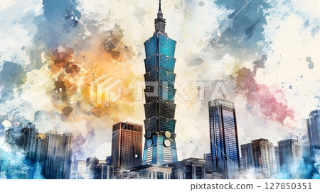 Artistic Watercolor Cityscape of Taipei 101 and Modern Skyscrapers with Vibrant Color Splash 127850351