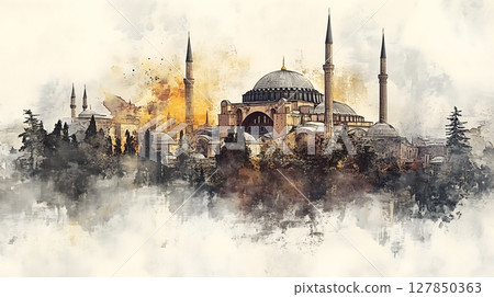 Hagia Sophia Artistic Watercolor Cityscape Istanbul Historic Landmark Architectural Panorama 127850363