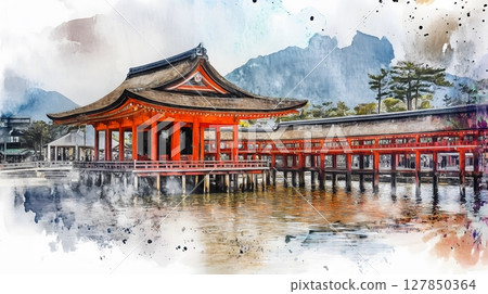 Itsukushima Shrine Watercolor Painting Floating Torii Gate Miyajima Japan Landscape Itsukushima Shrine Watercolor Painting Floating Torii Gate Miyajima Japan Landscape 127850364