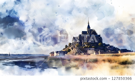Majestic Mont Saint Michel Monastery on Rocky Island Watercolor Landscape France Majestic Mont Saint Michel Monastery on Rocky Island Watercolor Landscape France 127850366