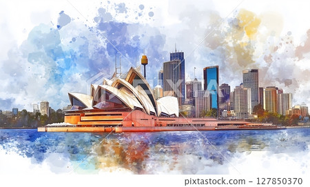 Sydney Opera House and City Skyline Watercolor Artistic Landscape 127850370