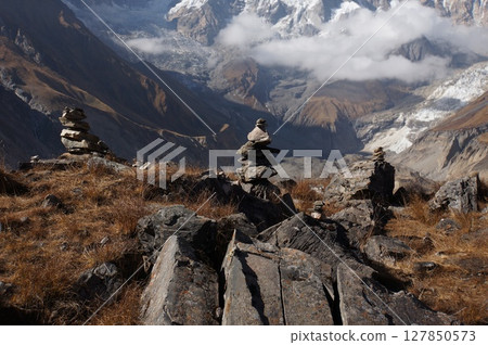 Stone cemetery around Annapurna Base Camp (ABC) in Nepal Himalaya. Stone cemetery around Annapurna Base Camp (ABC) in Nepal Himalaya. 127850573