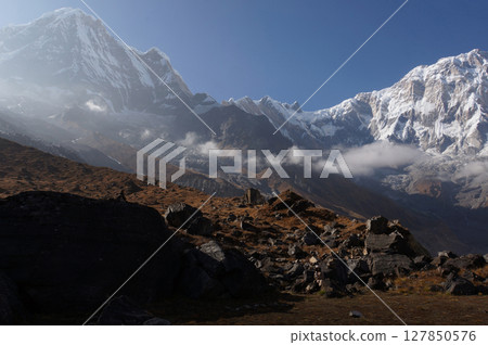 Beautiful view of Annapurna Mountain from Annapurna Base Camp (ABC) in Nepal Himalaya. Beautiful view of Annapurna Mountain from Annapurna Base Camp (ABC) in Nepal Himalaya. 127850576
