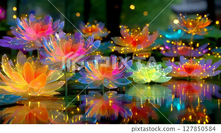 Many water lily flowers floating on the surface of the water 127850584