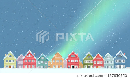 Colorful Scandinavian-style houses and the aurora flickering in the snowy sky Colorful Scandinavian-style houses and the aurora flickering in the snowy sky 127850750