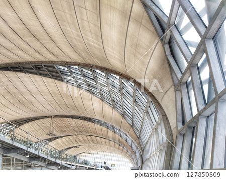 the complex architectural design of a glass ceiling supported by a steel framework, showcasing the beauty of modern construction the complex architectural design of a glass ceiling supported by a steel framework, showcasing the beauty of modern construction 127850809