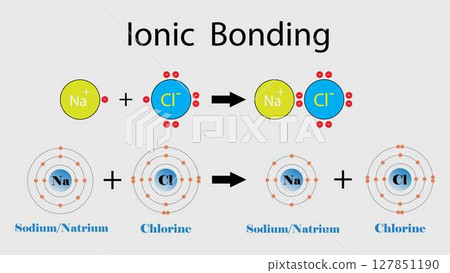 illustration of chemistry, ionic bonding, ionic compound is a chemical compound composed of ions held together by electrostatic forces termed ionic bonding, Ionic bond and electrostatic attraction illustration of chemistry, ionic bonding, ionic compound is a chemical compound composed of ions held together by electrostatic forces termed ionic bonding, Ionic bond and electrostatic attraction 127851190