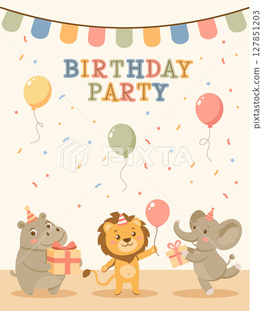 Birthday party invitation card with cute animals and gifts. Birthday greeting card. Illustration for postcard, invitation, poster, print. 127851203