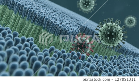 Coronavirus COVID-19 Attacking Lung Cells Microscopic 3D Rendering 127851311