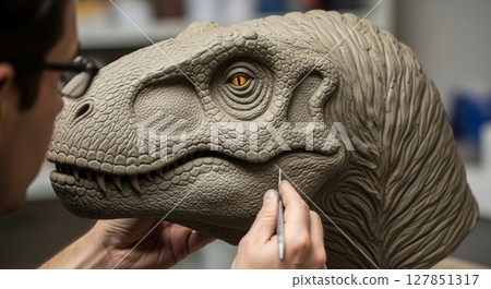 Dinosaur Sculpture Artist Carefully Detailing Prehistoric Model with Textured Skin and Amber Eye 127851317