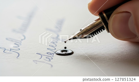 Fountain Pen Nib Dripping Ink Droplet on Textured Writing Paper Macro Shot 127851324