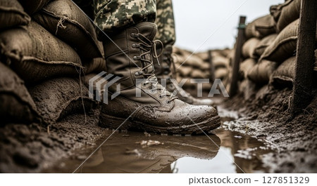 Military Combat Boots in Muddy Trench Warfare Landscape with Reflection Military Combat Boots in Muddy Trench Warfare Landscape with Reflection 127851329