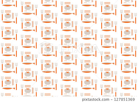 橙色和灰色的魚和餐具烹飪圖案背景 | 魚，叉，刀，番茄，波浪，配料 127851369