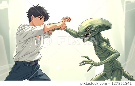 A boy teaches karate to an alien 127851541