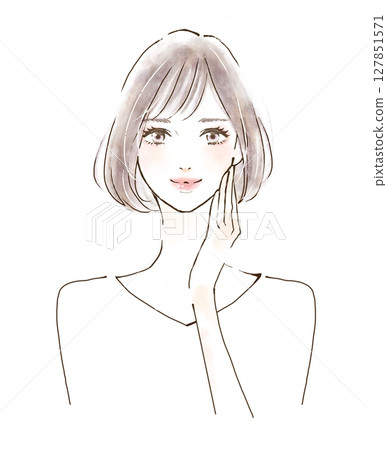一位女士用手托住臉頰的插圖 美容護膚 127851571