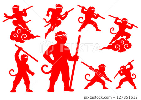 Action silhouette of Son Goku, the main character of Journey to the West Action silhouette of Son Goku, the main character of Journey to the West 127851612