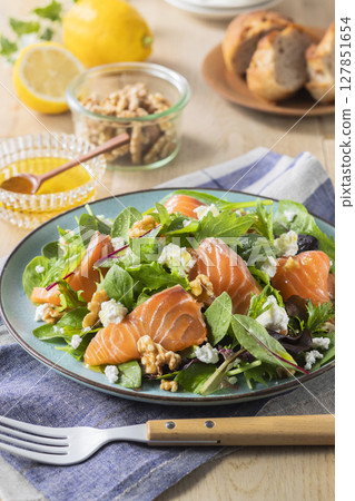 Salmon and cottage cheese baby leaf salad Salmon and cottage cheese baby leaf salad 127851654