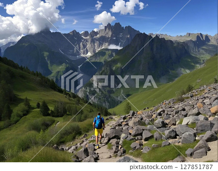 健行者沿著小徑行走，欣賞壯麗的山景 127851787