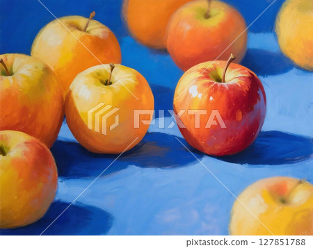 Digital painting of an apple against a blue background Digital painting of an apple against a blue background 127851788