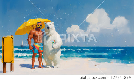 polar bear with glass of drink and muscular men stand under sun umbrella against backdrop of sea and sandy beach with falling fluffy snow, surreal image of a frozen sea and paradox of seasons 127851859