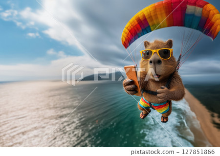 Poster with amazed capybara flying on paraglider over sea and beach and texting on smartphone, copy space concept of adventures on vacation 127851866