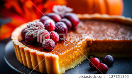 slice pumpkin pie with cranberries, delicious autumn dessert creates seasonal aesthetic home comfort and warmth, favorite idea autumn baking recipe websites seasonal promotions, close-up sliced pie 127851893