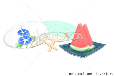 Watercolor illustration of a fan and watermelon 127851950