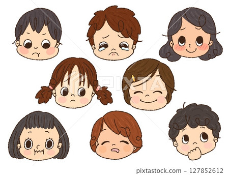 Children with various expressions, modest facial expressions set 1, hand-drawn Children with various expressions, modest facial expressions set 1, hand-drawn 127852612