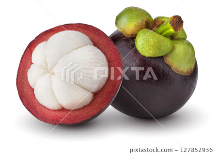 Ripe mangosteen showing white flesh isolated on a white background 127852936