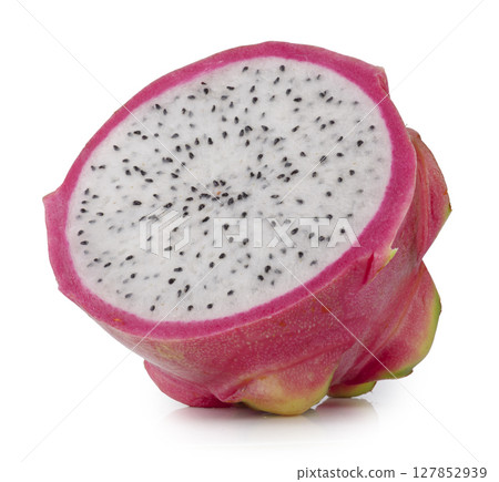 Fresh dragon fruit whole, half-cut, and slices isolated on a white background 127852939