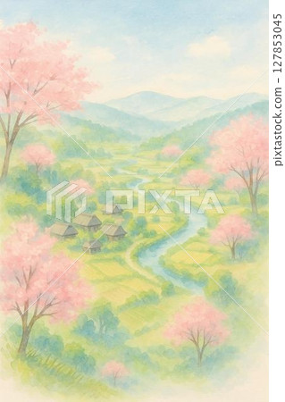 櫻花盛開的霧氣瀰漫的山村 127853045