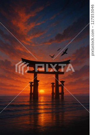 黃昏時分矗立在海面上的鳥居，天空絢麗多彩 127853046