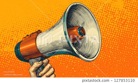 hand with megaphone on yellow background hand with megaphone on yellow background 127853110
