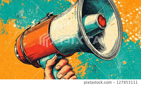 hand with megaphone on yellow background 127853111
