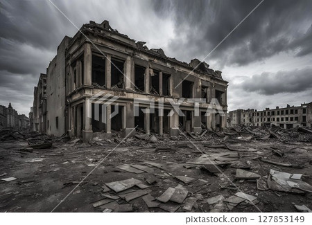 被毀壞的建築物和滿是瓦礫的街道 127853149