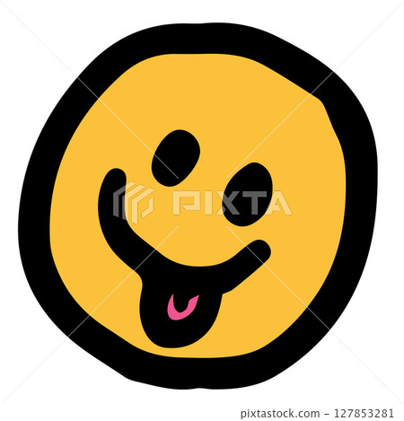 Hand drawn illustration of happy yummy face for sticker, logo, icon, mood, positive vibe, good energy, tattoo, decorations, cute patch, brooch, shirt print, sign, symbol, emoji, expression 127853281