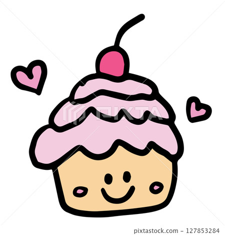 Hand drawn illustration of happy cupcake with cherry for bakery, pastry, food, snack, brunch, afternoon tea, coffee shop, sweet dessert, cute patch, sticker, cuisine, department store, shopping 127853284