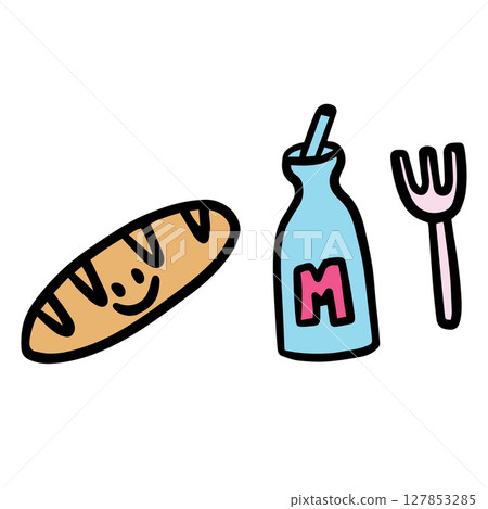 Hand drawn illustrations of bread loaf, milk, fork for food, eating decoration, snack, bakery, pastry, cafe, restaurant, menu, recipe, coffee shop, cook book, cuisine, children, sticker, cartoon 127853285