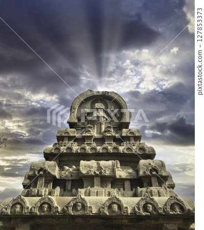 Divine Sun Rays Over Nakula and Shahdeva Ratha amongst Panch Rathas, Mamallapuram Temple, Tamil Nadu 127853373