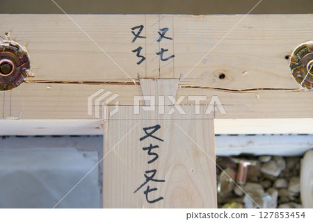 Identification mark for foundation during new construction Identification mark for foundation during new construction 127853454