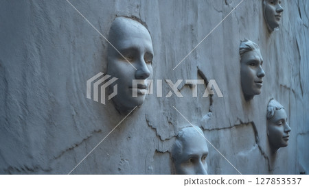 Whispering Walls: Abstract Faces Emerging from a Textured Concrete Surface 127853537