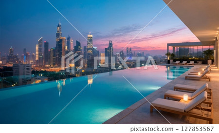 Exclusive Rooftop Pool, Infinity Edge, Urban Oasis, and High-Society Leisure. Perfect for hospitality, luxury resorts, and lifestyle marketing Exclusive Rooftop Pool, Infinity Edge, Urban Oasis, and High-Society Leisure. Perfect for hospitality, luxury resorts, and lifestyle marketing 127853567