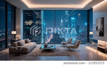 Modern Skyscraper Penthouse, Panoramic City View, Urban Opulence, and Elite Living. Perfect for real estate, architecture, and aspirational content 127853572
