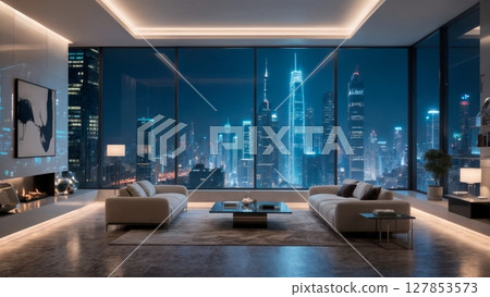 Modern Skyscraper Penthouse, Panoramic City View, Urban Opulence, and Elite Living. Perfect for real estate, architecture, and aspirational content 127853573