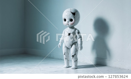 Dollhouse Nightmare: Distorted Porcelain Figure in a Minimalist Room Dollhouse Nightmare: Distorted Porcelain Figure in a Minimalist Room 127853624